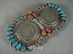 Absolutely Huge Vintage Navajo Turquoise Coral Silver Pin