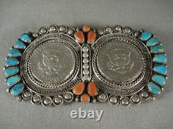 Absolutely Huge Vintage Navajo Turquoise Coral Silver Pin