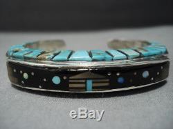 Amazing Raised Inlay Vintage Navajo Sterlng Silver Turquoise Bracelet Old