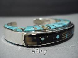 Amazing Raised Inlay Vintage Navajo Sterlng Silver Turquoise Bracelet Old