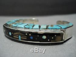 Amazing Raised Inlay Vintage Navajo Sterlng Silver Turquoise Bracelet Old