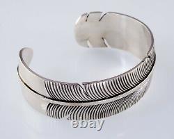Amazing Vintage Navajo Silver Feather Cuff Bracelet Signed NM