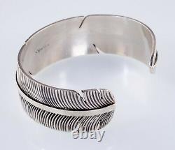 Amazing Vintage Navajo Silver Feather Cuff Bracelet Signed NM