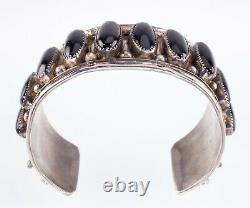 Amazing Vintage Navajo Silver and Onyx Cuff Bracelet withEagles Signed DE