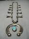 Amazing Vintage Navajo Turquoise Sterling Silver Squash Blossom Necklace Old