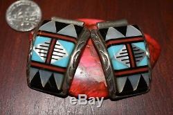 Amazing Vintage ZUNI Sterling Silver & Turquoise Inlay Watch Band Tips. 925