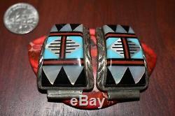 Amazing Vintage ZUNI Sterling Silver & Turquoise Inlay Watch Band Tips. 925