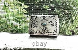 Antique 1800's Navajo Stamped Sterling Silver Turquoise Lidded Snuff Box
