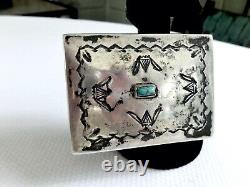 Antique 1800's Navajo Stamped Sterling Silver Turquoise Lidded Snuff Box