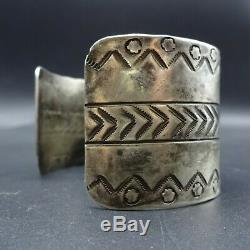 Antique NAVAJO Ingot Coin Silver Cuff BRACELET with Stamp Work EXTRA WIDE 59g