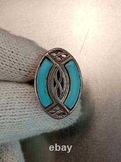 Antique Native Zuni 925 Silver Ring Turquoise Inlay Flower Inscription Size 6-8
