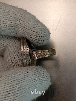 Antique Native Zuni 925 Silver Ring Turquoise Inlay Flower Inscription Size 6-8
