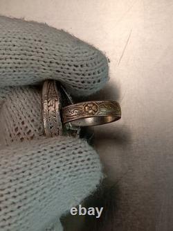 Antique Native Zuni 925 Silver Ring Turquoise Inlay Flower Inscription Size 6-8