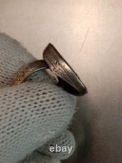 Antique Native Zuni 925 Silver Ring Turquoise Inlay Flower Inscription Size 6-8