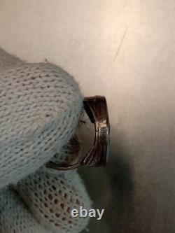 Antique Native Zuni 925 Silver Ring Turquoise Inlay Flower Inscription Size 6-8