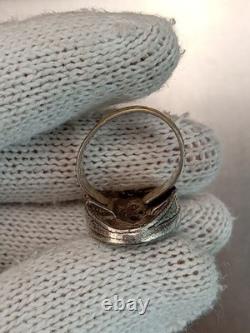 Antique Native Zuni 925 Silver Ring Turquoise Inlay Flower Inscription Size 6-8
