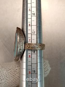 Antique Native Zuni 925 Silver Ring Turquoise Inlay Flower Inscription Size 6-8
