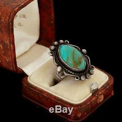 Antique Vintage 900 Sterling Coin Silver Native Navajo Turquoise Pinky Ring Sz 4