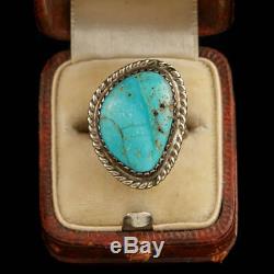 Antique Vintage Native Navajo Sterling Silver Kingman Turquoise Rope Ring S 4.25