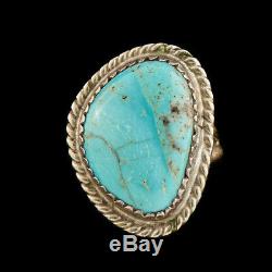Antique Vintage Native Navajo Sterling Silver Kingman Turquoise Rope Ring S 4.25