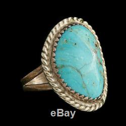 Antique Vintage Native Navajo Sterling Silver Kingman Turquoise Rope Ring S 4.25