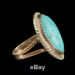 Antique Vintage Native Navajo Sterling Silver Kingman Turquoise Rope Ring S 4.25