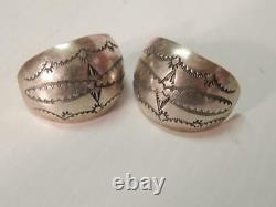 Antique / Vintage Navajo Indian Hand Stamped Sterling Silver Earrings Half Hoops