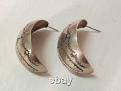 Antique / Vintage Navajo Indian Hand Stamped Sterling Silver Earrings Half Hoops