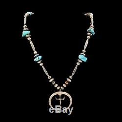 Antique Vintage Sterling Silver Native Navajo Turquoise Squash Blossom Necklace