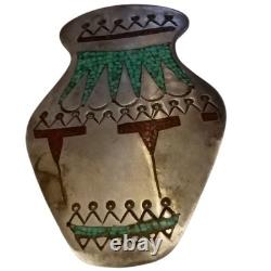 Astute WILLIAM SINGER NAVAJO VINTAGE STERLING CHIP INLAY Olla Pin Brooch