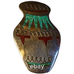 Astute WILLIAM SINGER NAVAJO VINTAGE STERLING CHIP INLAY Olla Pin Brooch