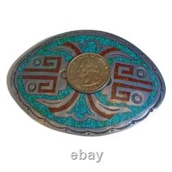 Astute WILLIAM SINGER NAVAJO VINTAGE STERLING TURQUOISE CORAL CHIP INLAY BUCKLE