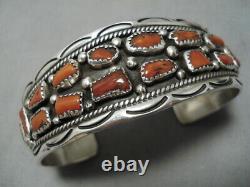 Authentic! Vintage Navajo Chunky Coral Sterling Silver Bracelet Old