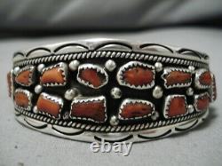 Authentic! Vintage Navajo Chunky Coral Sterling Silver Bracelet Old
