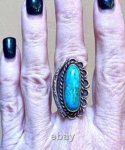 BEAUTIFUL Vintage Native American Large Sterling Silver Turquoise Stampwork Ring