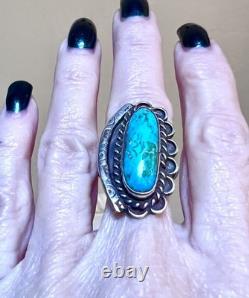 BEAUTIFUL Vintage Native American Large Sterling Silver Turquoise Stampwork Ring