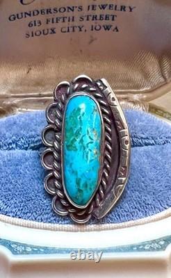 BEAUTIFUL Vintage Native American Large Sterling Silver Turquoise Stampwork Ring