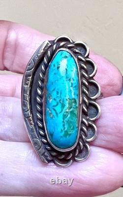 BEAUTIFUL Vintage Native American Large Sterling Silver Turquoise Stampwork Ring