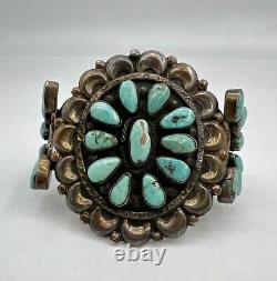 BIG Vtg Navajo Sterling Silver Carico Lake Turquoise Cluster Cuff Bracelet 93.5g