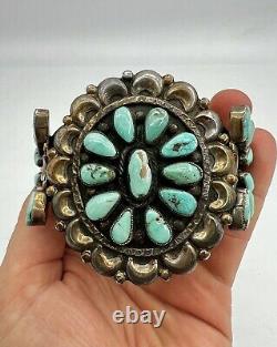 BIG Vtg Navajo Sterling Silver Carico Lake Turquoise Cluster Cuff Bracelet 93.5g