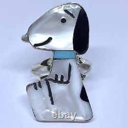 BIG Zuni Snoopy Ring Turquoise Collar Sz 7.5 Vtg Inlay Silver Signed Peanuts Dog