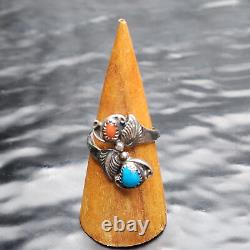 Bague vintage Navajo Gorges Kee turquoise sterling et corail taille 9