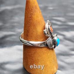 Bague vintage Navajo Gorges Kee turquoise sterling et corail taille 9