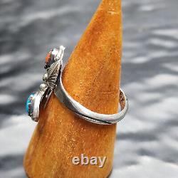 Bague vintage Navajo Gorges Kee turquoise sterling et corail taille 9