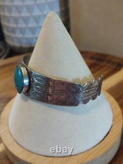 Beautiful Detail Vintage Navajo Jewelry Sterling Silver Turquoise Cuff Bracelet