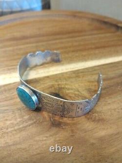 Beautiful Detail Vintage Navajo Jewelry Sterling Silver Turquoise Cuff Bracelet