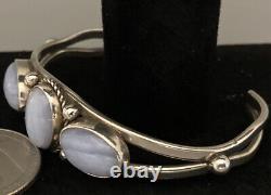 Beautiful VTG Navajo Signed Sterling 3 Stone Blue Lace Agate Cuff Bracelet