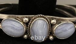 Beautiful VTG Navajo Signed Sterling 3 Stone Blue Lace Agate Cuff Bracelet
