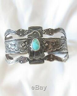 Beautiful Vintage Coin Silver Navajo Thunderbird Snake Whirling Log Cuff C. 1930