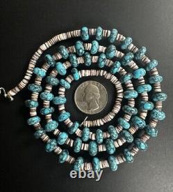 Beautiful Vintage Navajo Blue Spiderweb Turquoise Heishi Necklace 32 51g #268